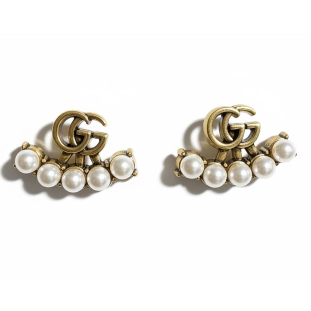 Gucci Pearl Double G Earrings in aged gold w/Box and Dust bag (GGXX012)